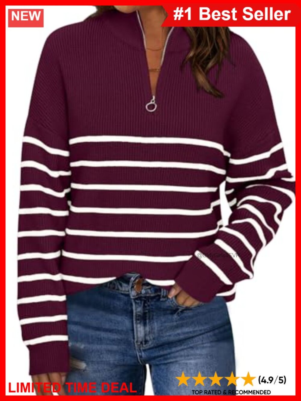 Oversized Striped Quarter Zip Ribbed Knit Pullover Sweater